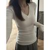 Women's Slim Fit V-Neck Long Sleeve White Base Layer T-Shirt for Fall/Winter