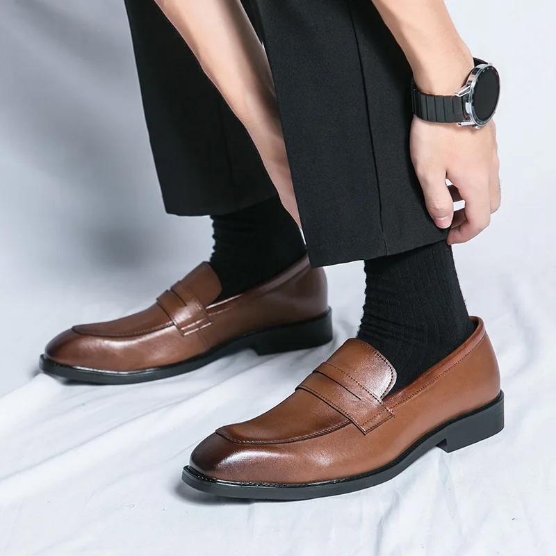 Handmade Men'S Leather Shoes, Business Bean Shoes, Toe Layer Cowhide Lazy Shoes, One Foot Casual Leather Shoes