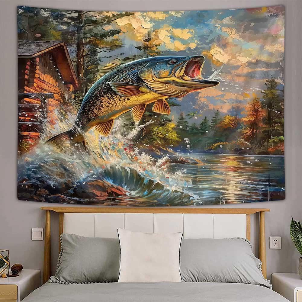 Arazzo da Parete Trota Saltellante Scena di Pesca e Design Lago Autunnale Arredamento Casa Boho Stampa Artistica Natura Tema Esterno Articolo di Moda