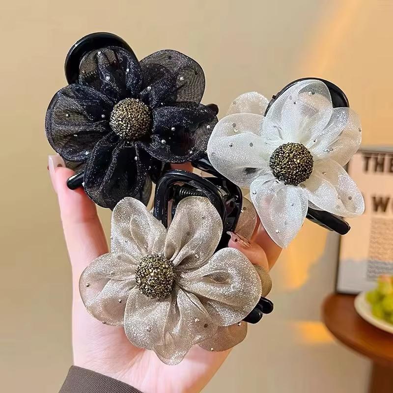 

3Pcs Mesh Rhinestone Flower Hair Claws for Women Korean Fashion Black Sunflower Crab Claw Hairpin Hair Clips Hair Accessories