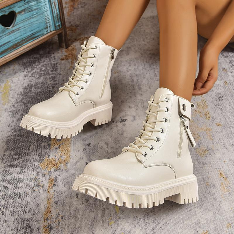 Black Pu Leather Motorcycle Boots Women  Fashion Lace Up Platform Ankle Boots Woman Plus Size 42 Zipper Gothic Shoes Female