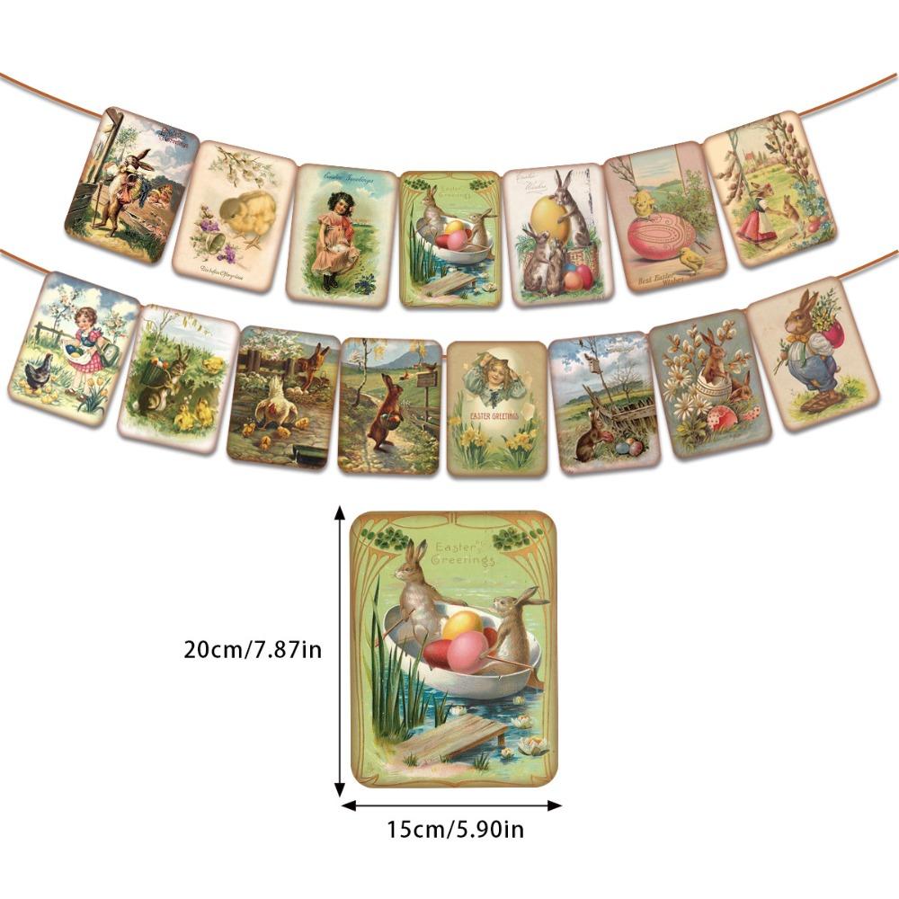 Retro Bunny Easter Banner Chick Printed Hanging Flag Rabbit Spring Bunting Easter Festival Bunting Party