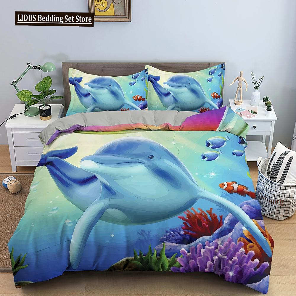 Dolphin Duvet Cover Set 2/3Pcs Marine Life Pillow Case Bedding Sets King Twin Full Queen Size Polyester Quilt Cover For Teens