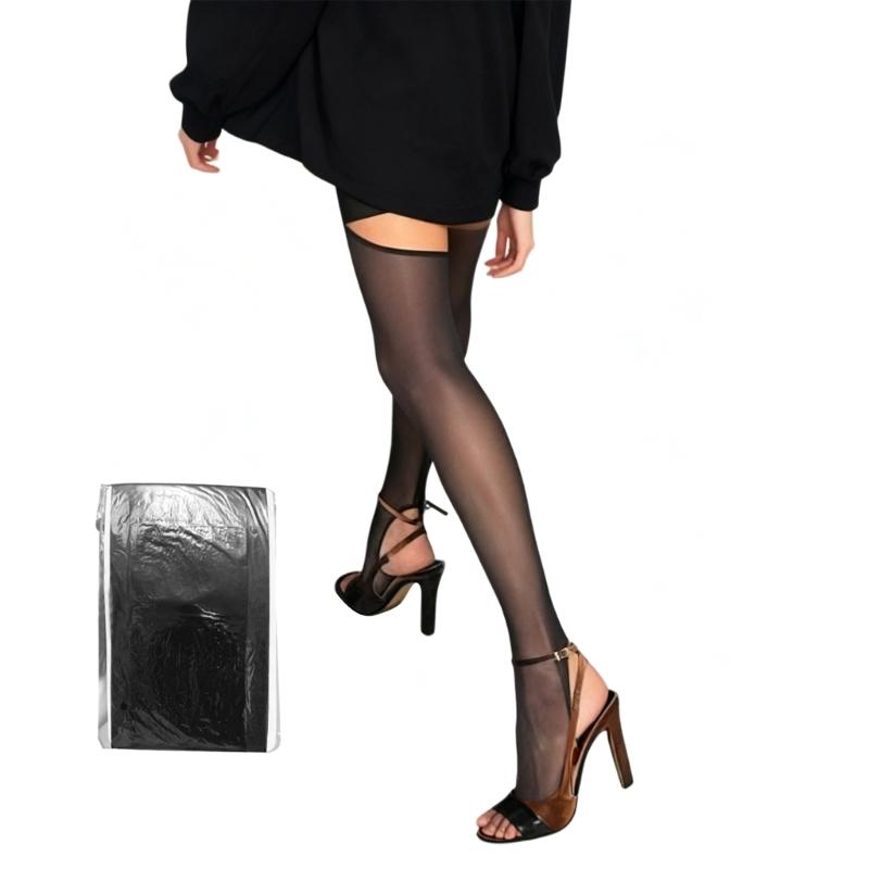 Uitgesneden Asymmetrische Transparante Zwarte Pantyhose Open Hiel Ontwerp Rekbaar Nylon Stof Panty Voor Dames Werkkleding Kousen