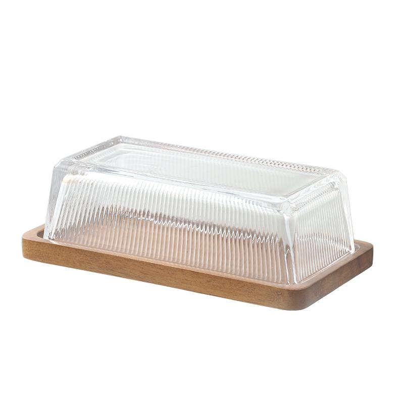 Creative Cheese Butter Plate Rectangular Wooden Tray Glass Cover Storage Box Cake Dessert Bread Dim Sum Plate Table Tableware