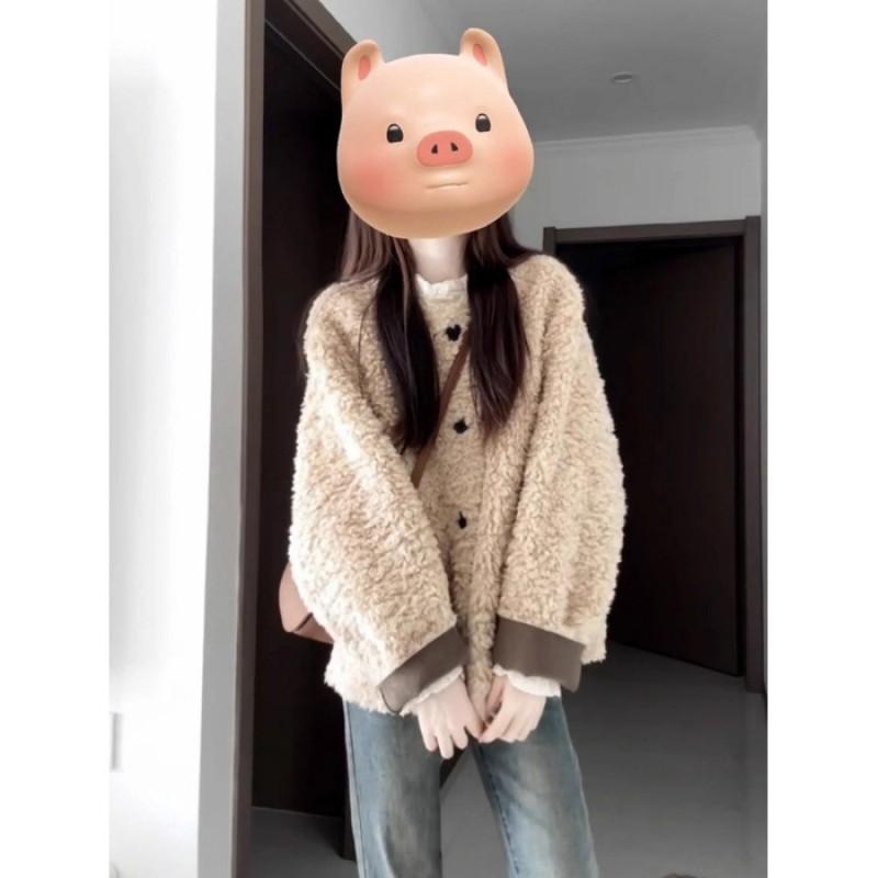 Womens Korean Fleece Jacket Solid Color Loose Fit Open Front Long Sleeve Coat