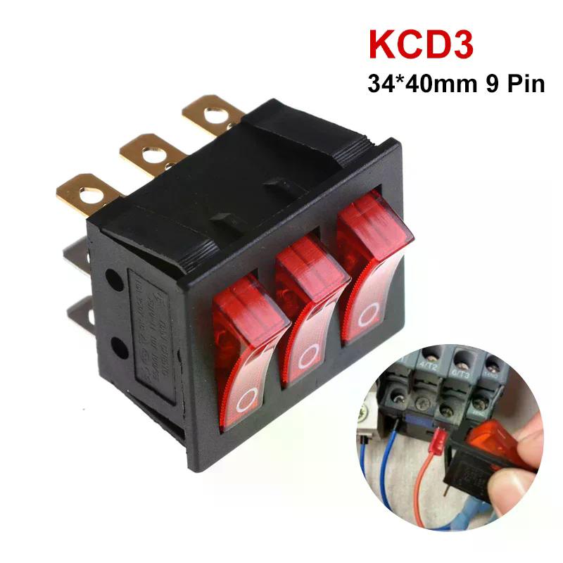 KCD3 34*40 Big Rocker Switches With Red Light Three-Way Switch 9 Pin 2 Position Multi-knife Single-throw 16A/30A 250V