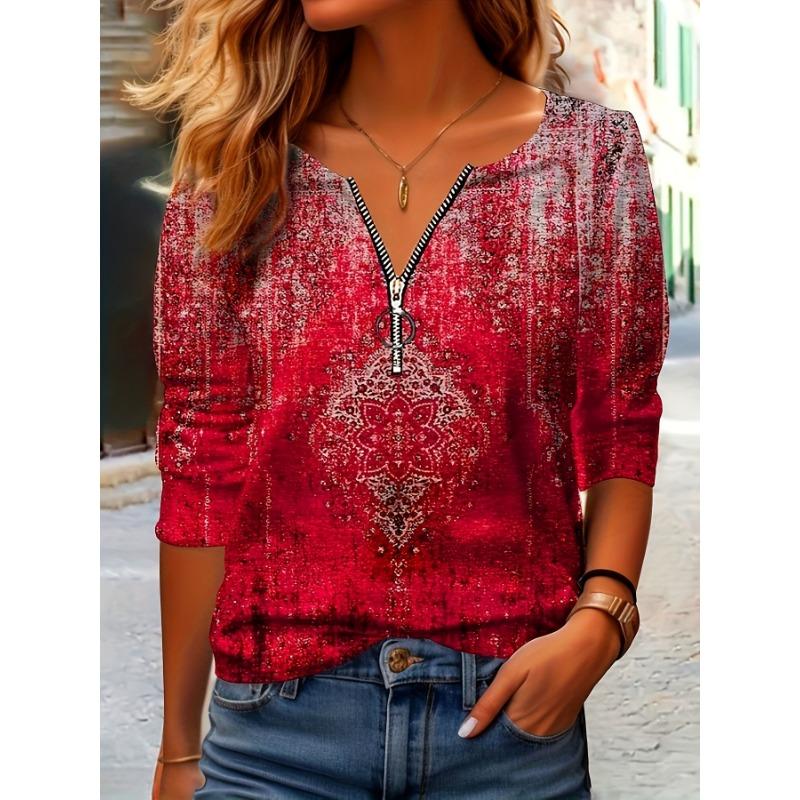 Floral Printed Half Zip T-shirt, Spring and Autumn Casual Long Sleeved Top, Women s Clothing S