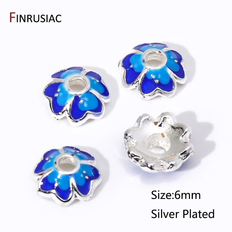 

6/8/10mm Silver Plated Brass Blue Enamel Flower Caps Beads Spacer End Beads For DIY Jewelry Making Supplies Finding Accessories 10 pieces