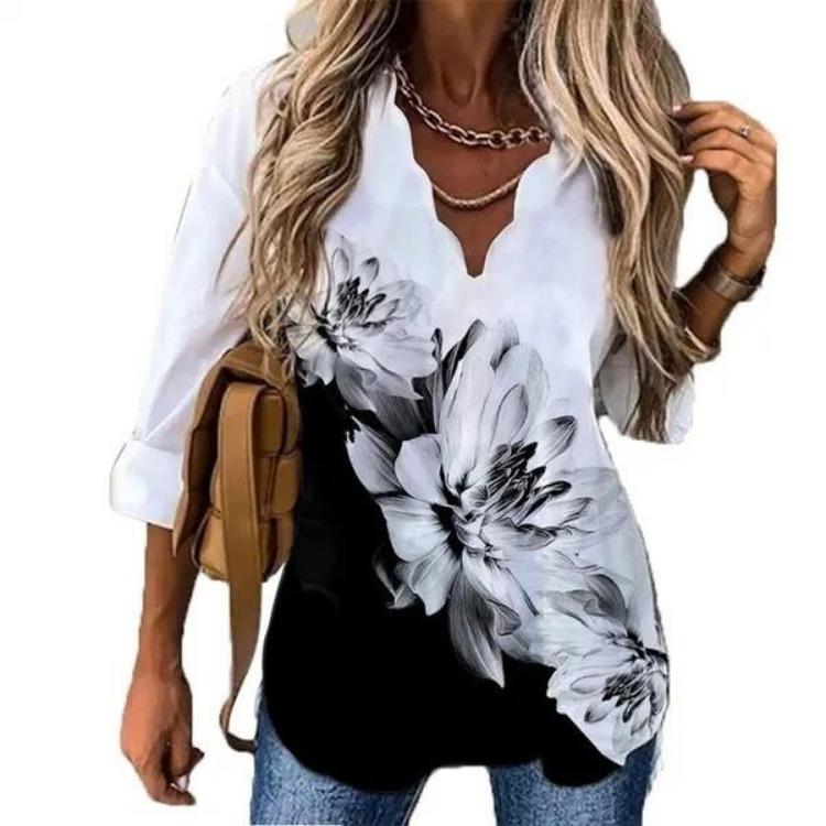European American Women Printed Long Sleeve Shirt with Wave Collar Summer