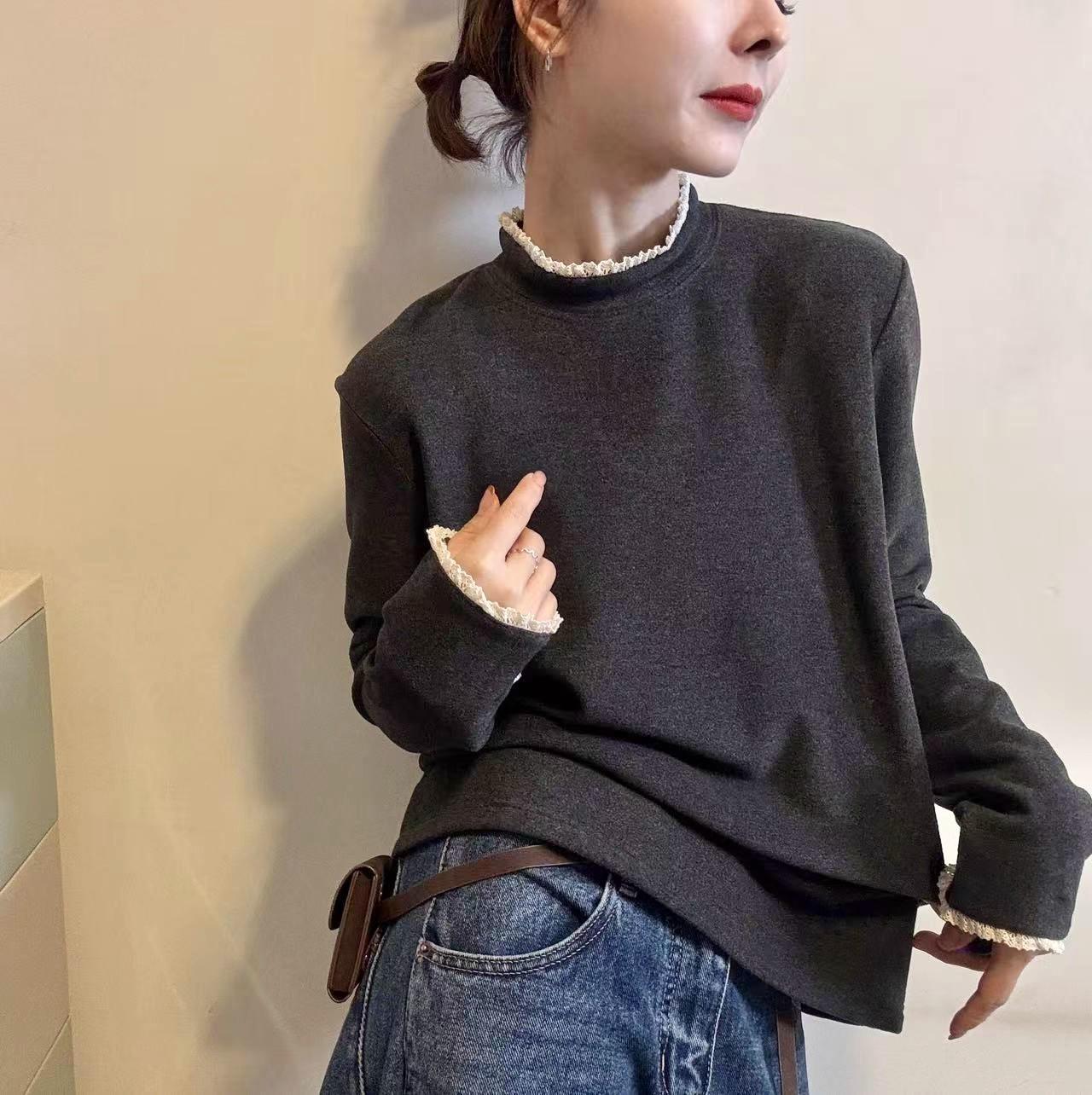 

Women s Lace Collar Velvet Base Layer Shirt - 2025 Autumn/Winter, Half-High Collar, Long Sleeve, Versatile Ins Style XL темно-серого