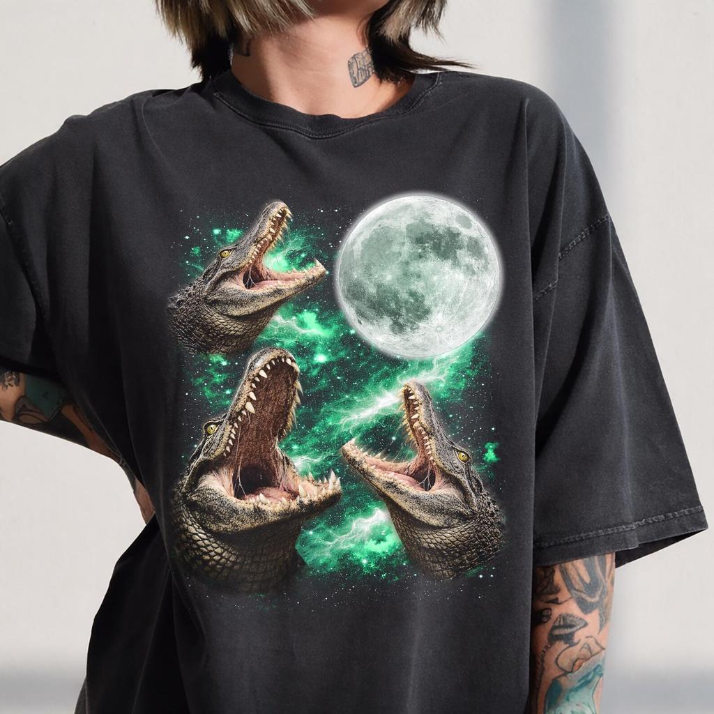 Three Alligators Howling Moon Graphic Tee, Retro Galaxy Reptile Shirt