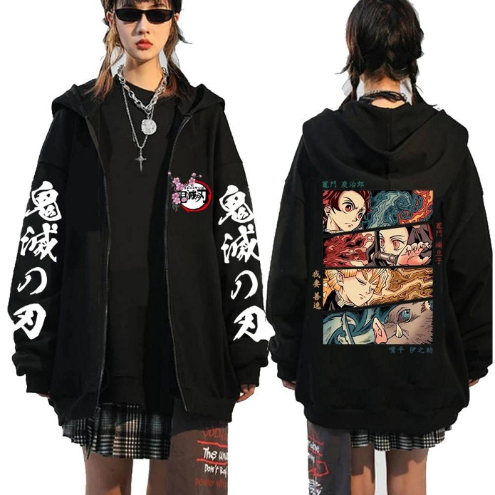 Anime Devil Killer Kamado Nezuko Printed Zipper Hooded Sweatshirt Autumn/Winter Fashion Casual Jacket Coat