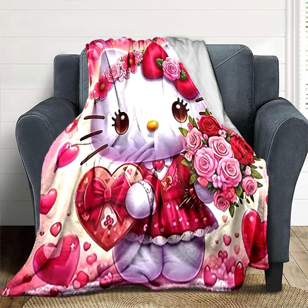 1pc Hello Kitty, Flowers blanket Lightweight Flannel Throw for Sofa Bed Travel Camping Livingroom Office Couch Chair