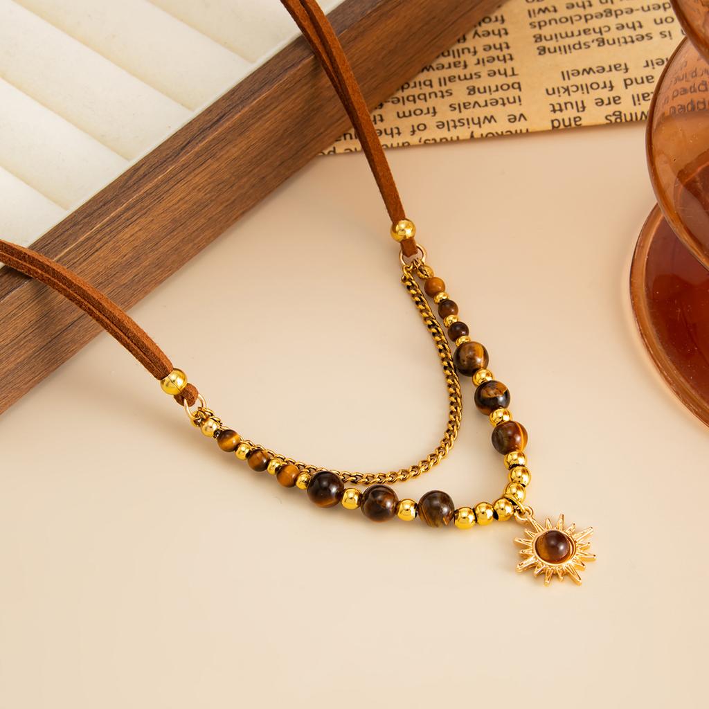 Maillard Style Tiger Eye Stone Pendant Y-shaped Thin Chain Sweater Necklace Women's Fashion Adjustable Rope Chain Daily Jewelry