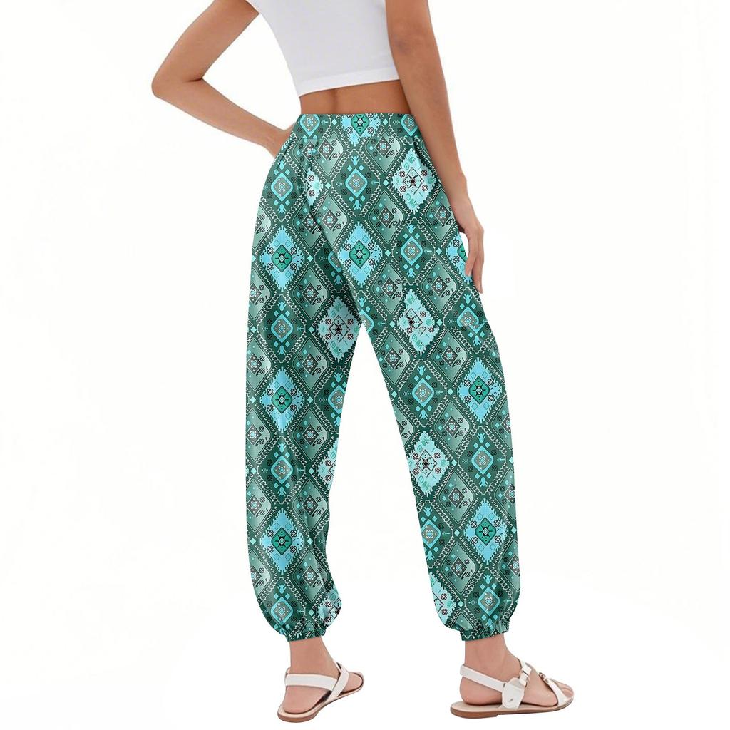 Women's Pocket Drawstring Trousers High Waist Yoga Bohemian Printed Casual Pants