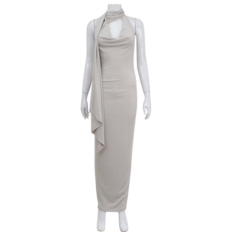 Sexy Halter Neck Draped Ruched Bodycon Dress with Flutter Sash Elegant Slimming Maxi Dress for Women