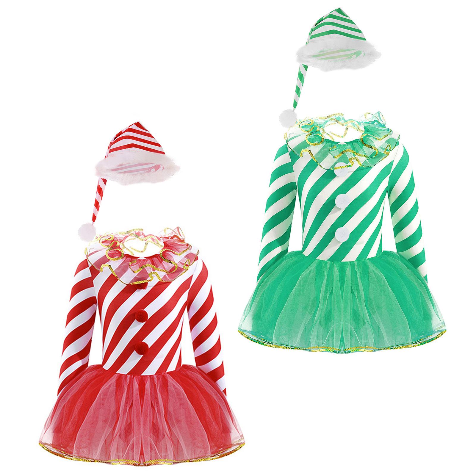 

Танцювальний комбінезон із довгими рукавами та капелюшком у смужку та принт для дівчаток на різдвяну вечірку 5-6 Years червоний