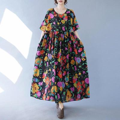 Κοντό μανίκι Plus size βαμβακερό vintage φλοράλ νέο σε φορέματα για γυναίκες casual φαρδύ μακρύ καλοκαιρινό φόρεμα