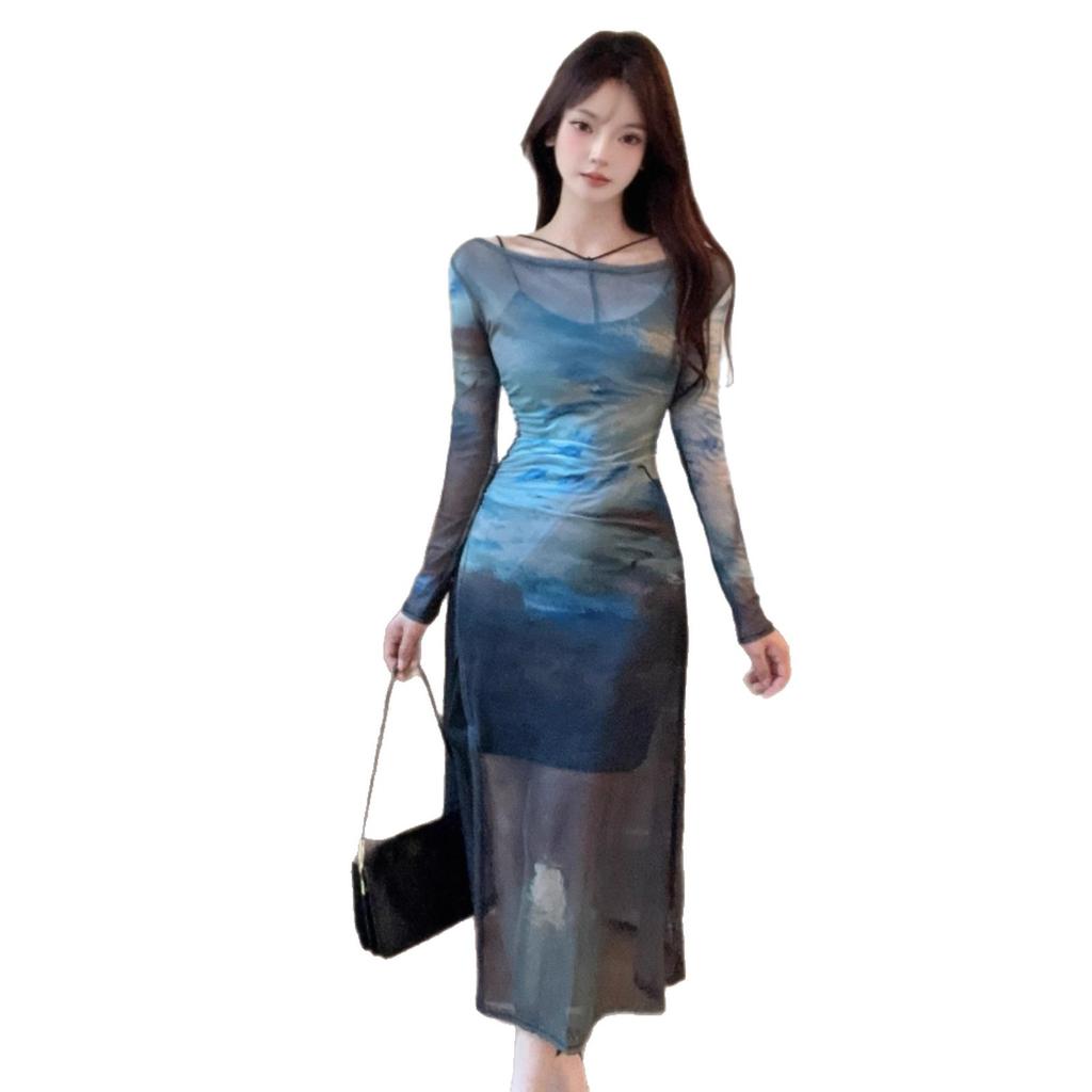 Retro high-end feeling early spring celebrity royal sister style unique and beautiful smudged mesh dress two-piece set