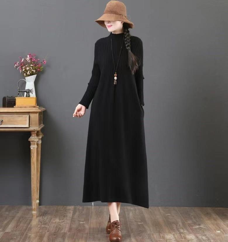 New Autumn and Winter Long Sweater Skirt Women's Loose Belly Cover with Long Sleeves Inside Skirt Knitted Dress