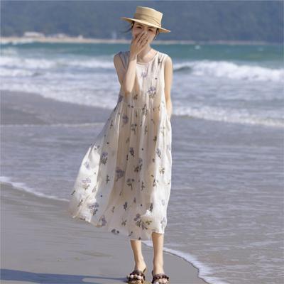 Robe d'été sans manches brodée à col rond pour femme, coupe trapèze, ample, décontractée, vintage, rétro, personnalité