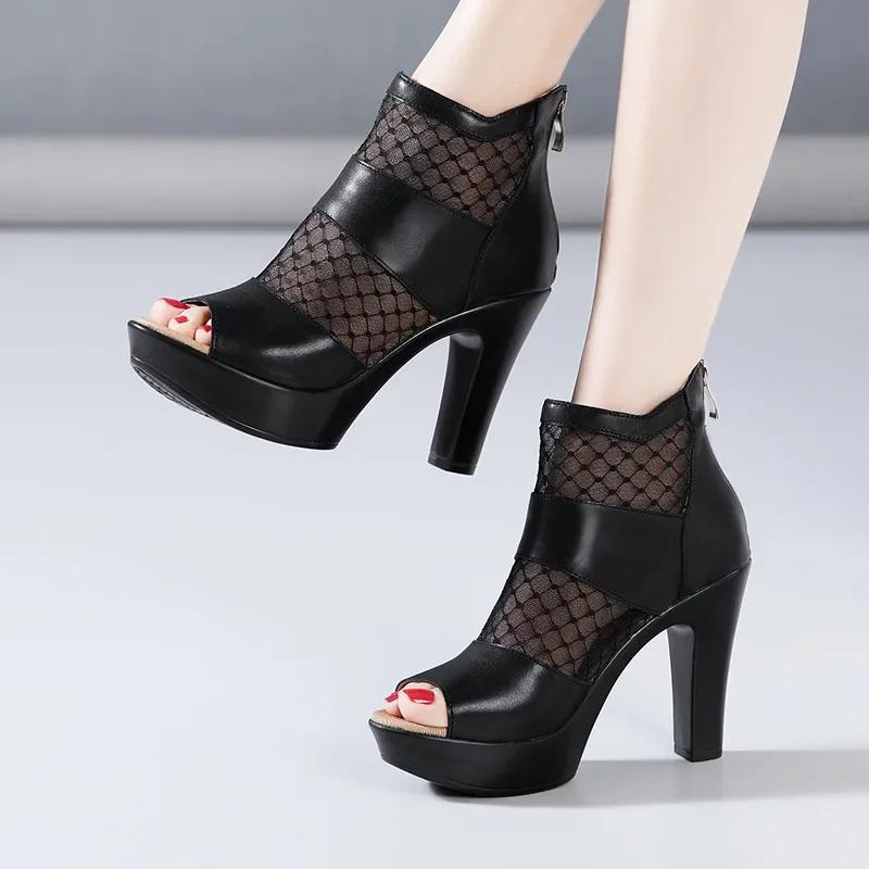 8cm 10cm Small Size 32-43 Mesh Leather Shoes Platform Sandals 2025 Summer Block High Heels Gladiator Sandals Office Model