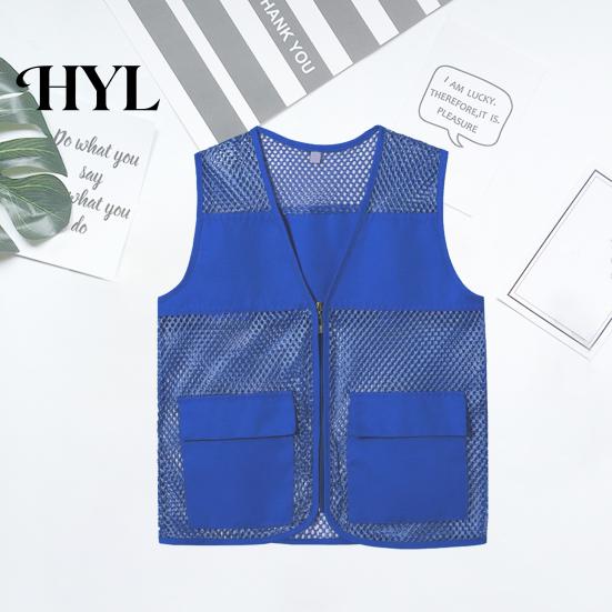 Vest Coat Hollow Out Zipper Placket Double Pockets V-neck Work Volunteer Bright Color Loose Fit Unisex Waistcoat