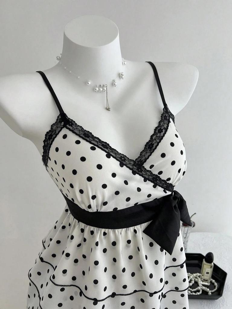 Women's Black & White Polka Dot Spaghetti Strap Lace Tank Top - Sweet & Spicy Spring/Summer Style