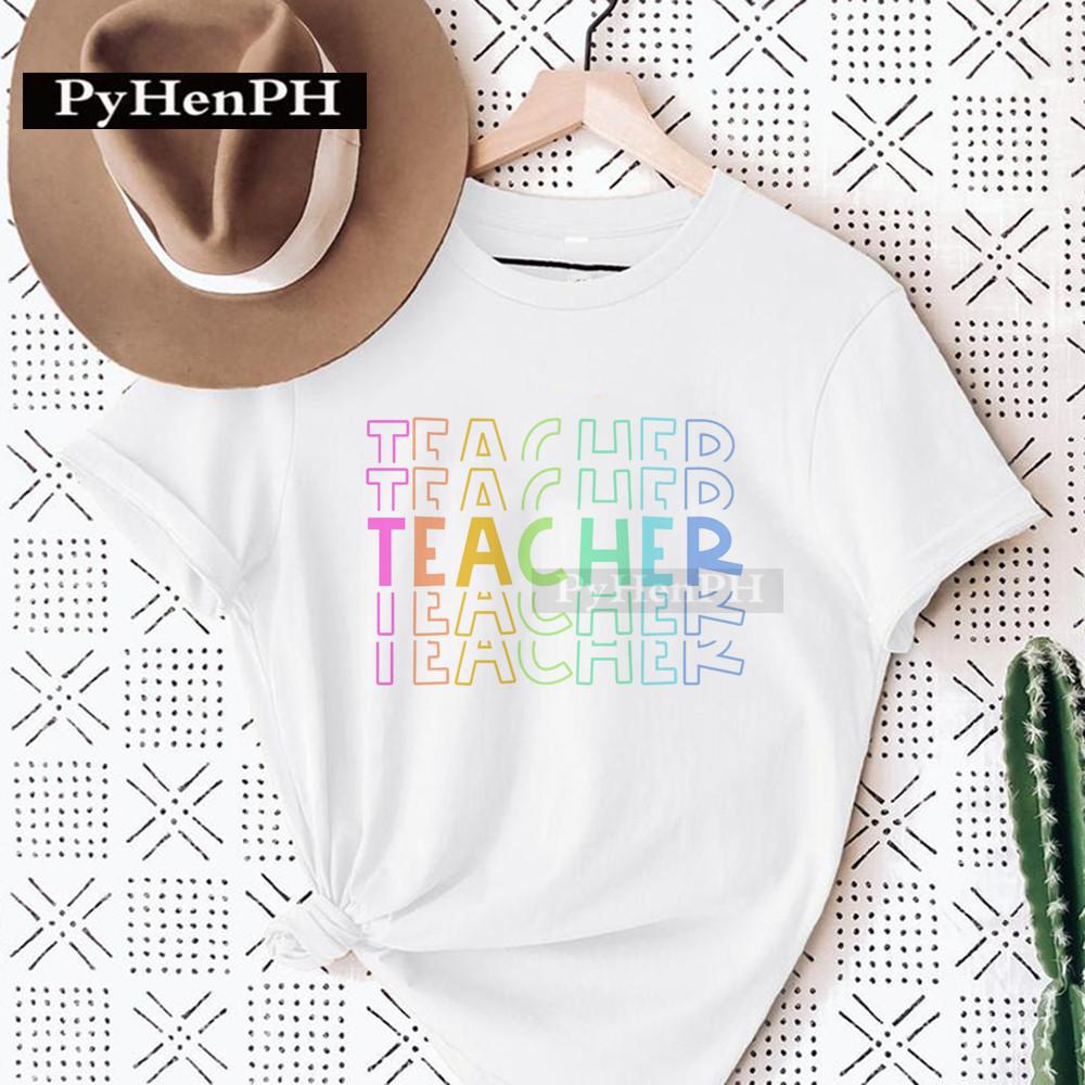 Womens Fashion Rainbow Teacher Graphic TShirt Loose Fit Casual round Neck Aesthetic Top Ins Style Modal fabric