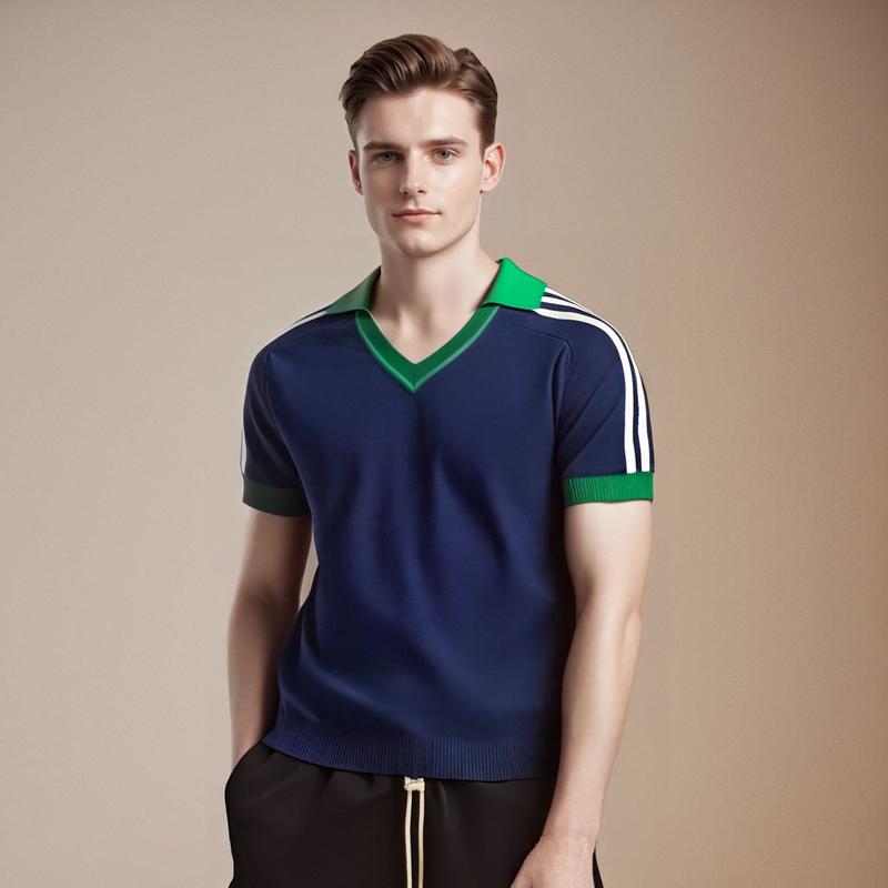 

Summer Retro Top Fashion Luxury Men s Casual Polo Shirt Short Sleeve Color Block Turn-down Collar Slim Fit Knitwear M темно-синього кольору
