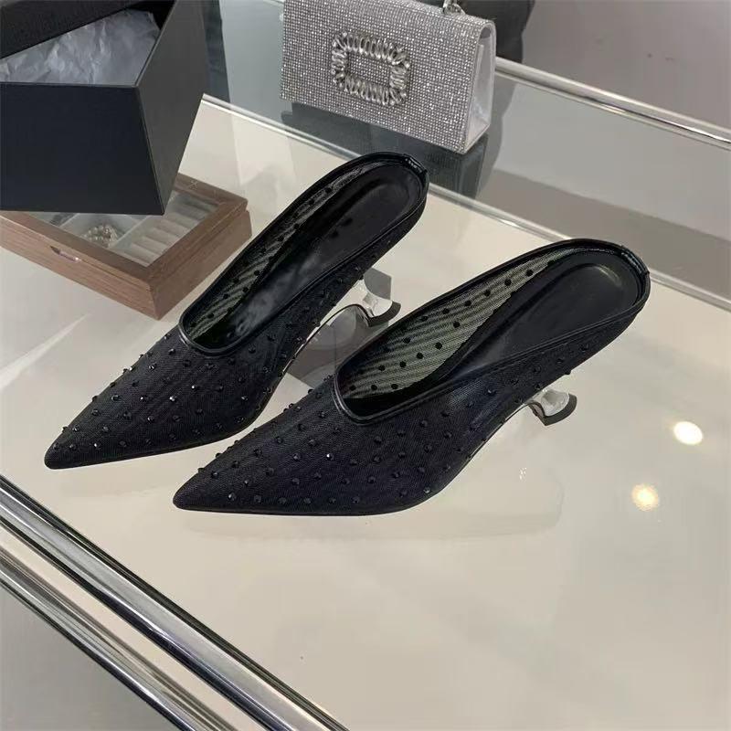 

Fashion Fashion Crystal Sequined Air Mesh Women Pumps Slippers Pointed toe Wedges High heels Mules Spring Autumn Slingbacks Party Shoes 35 чёрный