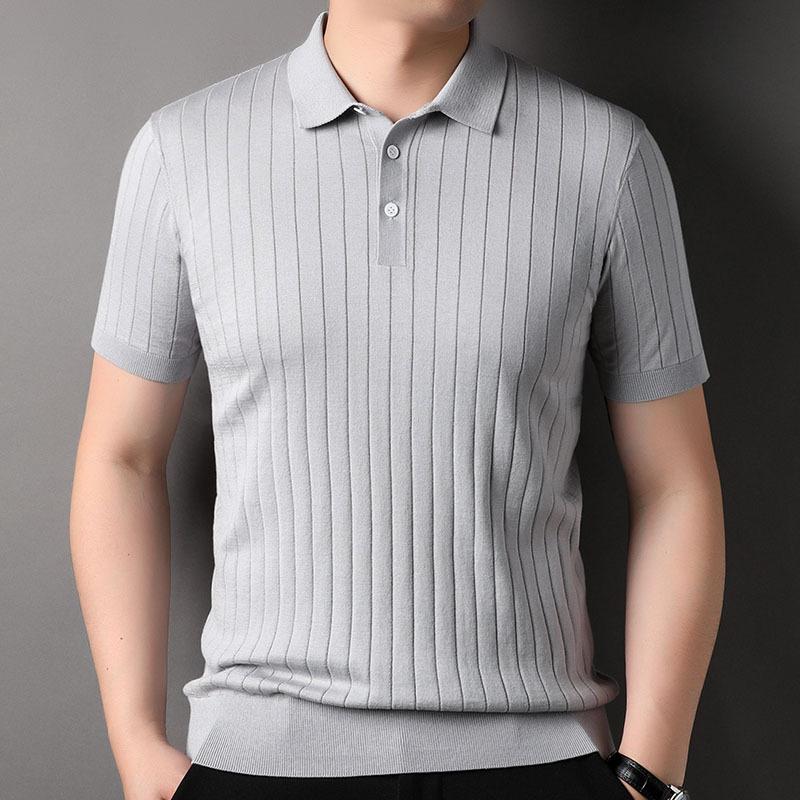 Summer New Men's Knitted Mulberry Silk Short-sleeved T-shirt Fashionable Thin Lapel T-shirt