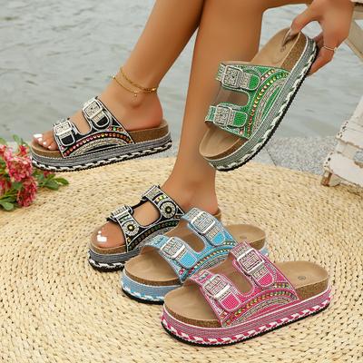 Neue Sommer-Plateau-Slipper mit Strasssteinen - Damen-Übergrößen-Slides mit Gürtelschnalle für den Außenbereich