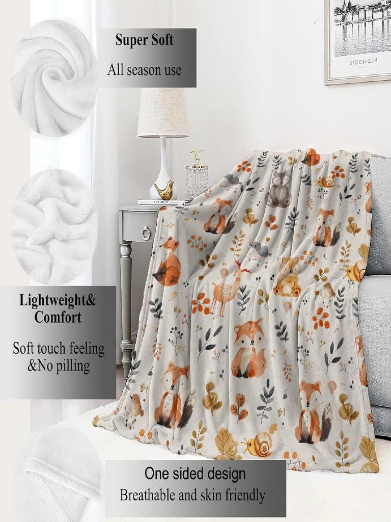 Cute Woodland Animal Throw Blanket Cartoon Fox Owl Deer Soft Fleece Perfect for Kids Animal Lovers Picnic Sofa Bed Travel Decor