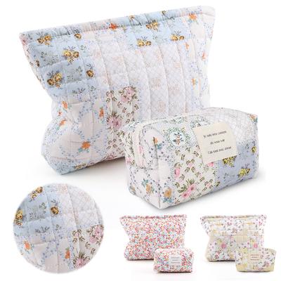 2Pcs Quilted Makeup Bag Makeup Organizer Bag Soft Skincare Holder Bag Padded Aesthetic Zipper Pouch Makeup Storage Bag