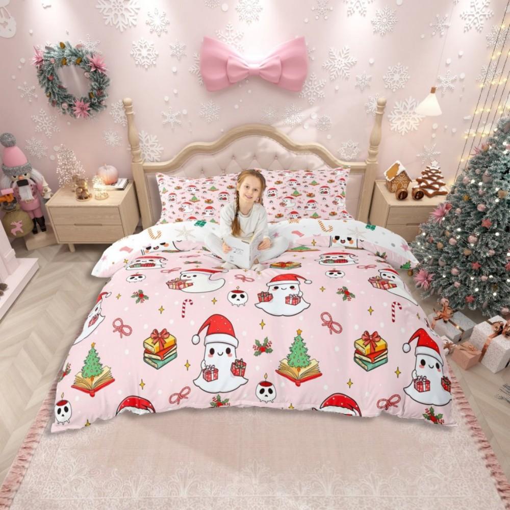 Set husă de pilotă Homewish roz girly Moș Crăciun pentru copii, set de lenjerie de pat cu desen animat cu pom de Crăciun, set de pat Kawaii cu om de zăpadă