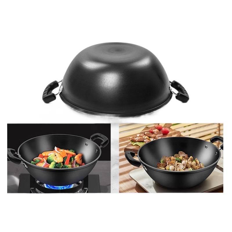 Robuster gusseiserner Wok mit zwei Griffen für Induktionskochfelder - Große Pfanne mit flachem Boden zum Braten.