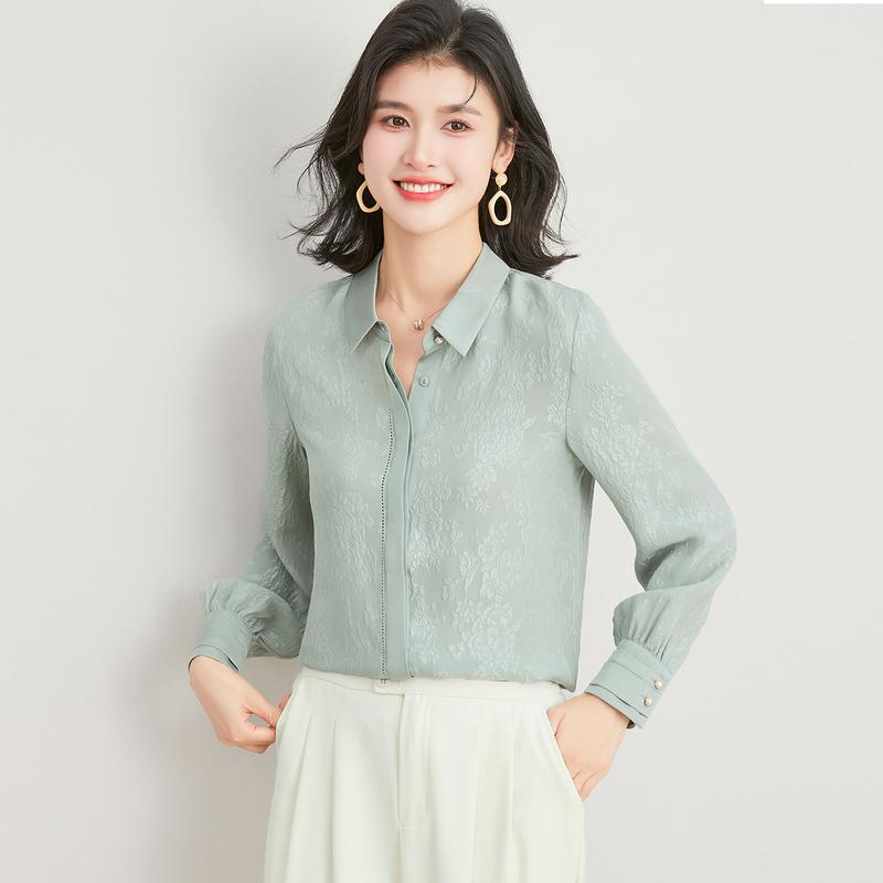 100% Mulberry Silk Crown Le Crepe Spring Thin Collar Jacquard Versatile Fashion Long Sleeve Women's Shirt