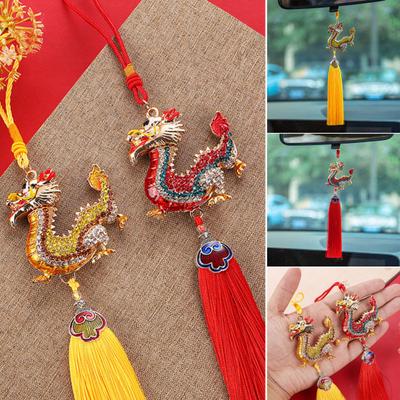 Chinese Dragon Figurine Ornament with Red Tassel Rhinestones Inlay Zinc Alloy Zodiac Dragon Model Craft Ornament New Year Animal Model Hanging