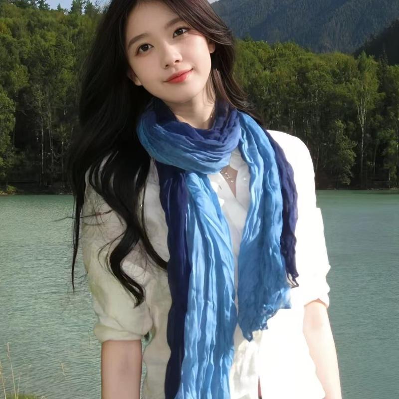 Gradient Cotton Hemp Scarf Desert-Style Vintage Wrinkle Scarf Fashion Winter Warm Casual Scarf Shawl