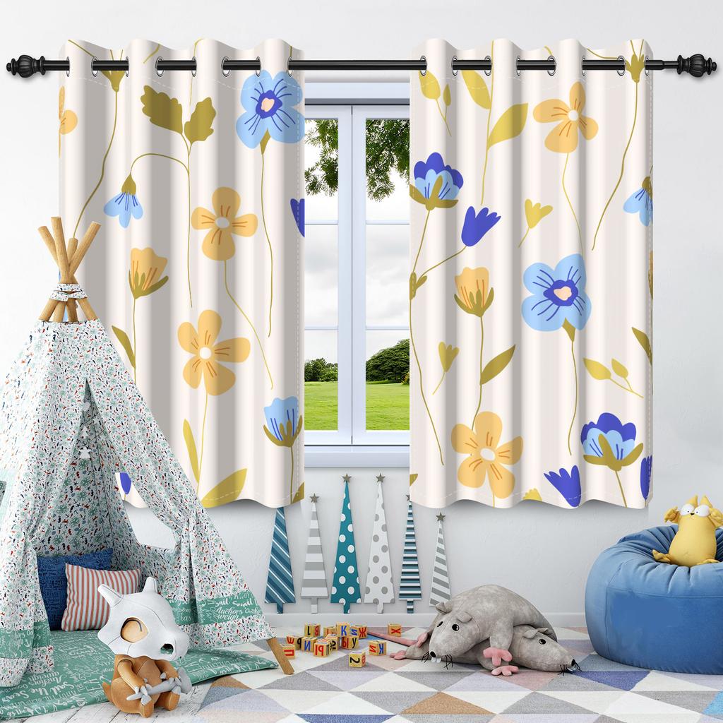 Wildflowers Floral Green Plants Window Curtains Blackout Washable Polyester Fabric Bedroom Living Room Home Decor Curtain 2 Pcs