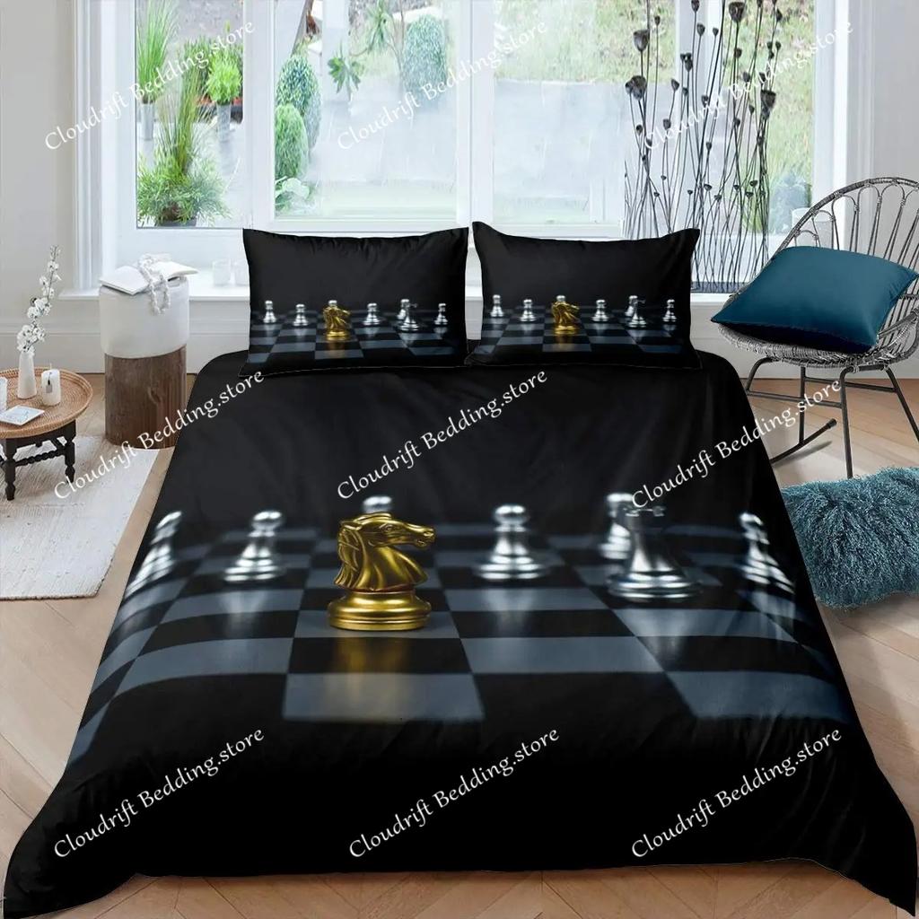 International Chess Duvet Cover Set Queen Size Chess Lovers Bedding Set for Boys Adults Microfiber Black Base Quilt Cover