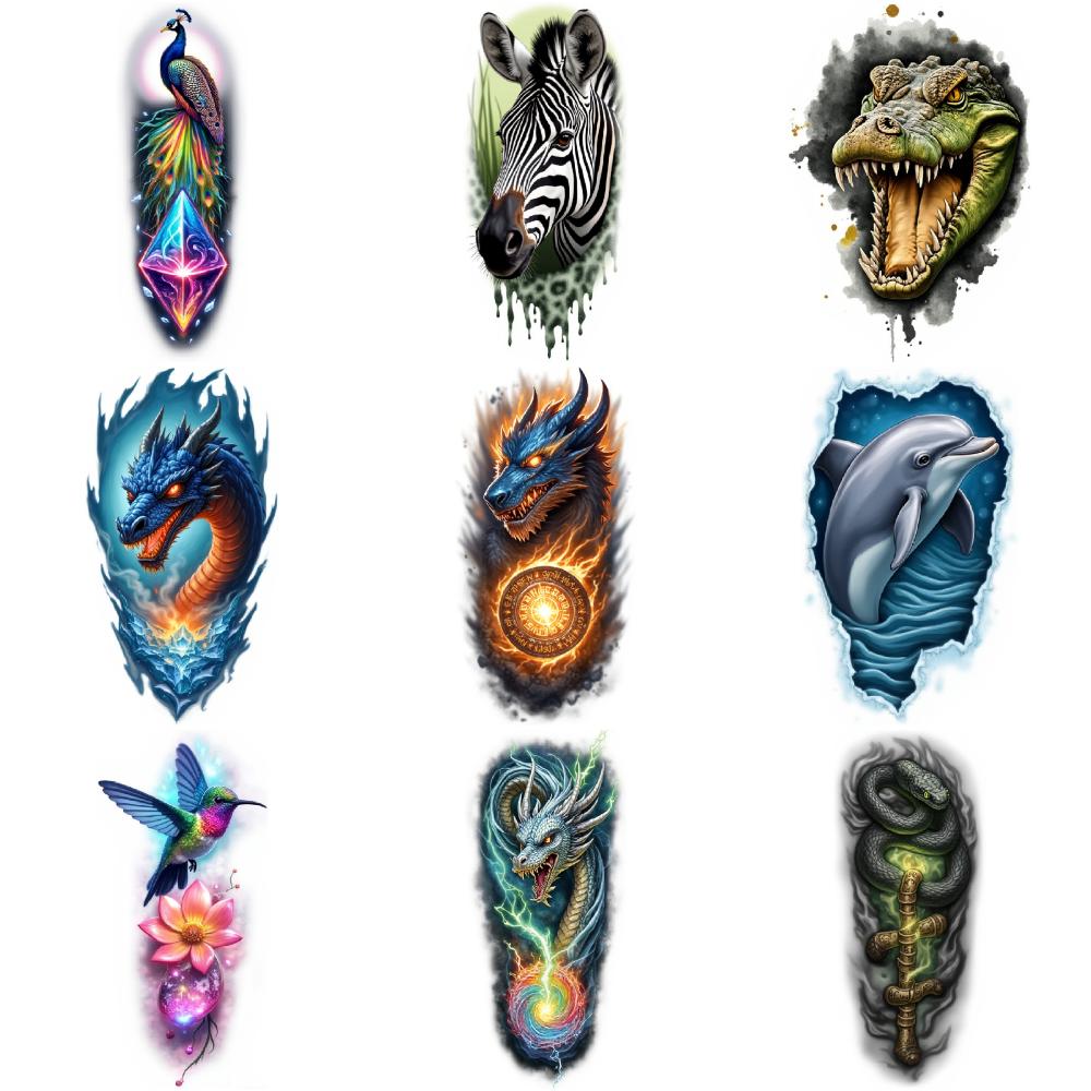 9 шт. Временные Татуировки Цветные Реалистичные Дракон Бабочка Кошка Для Бедер Мужских Рук