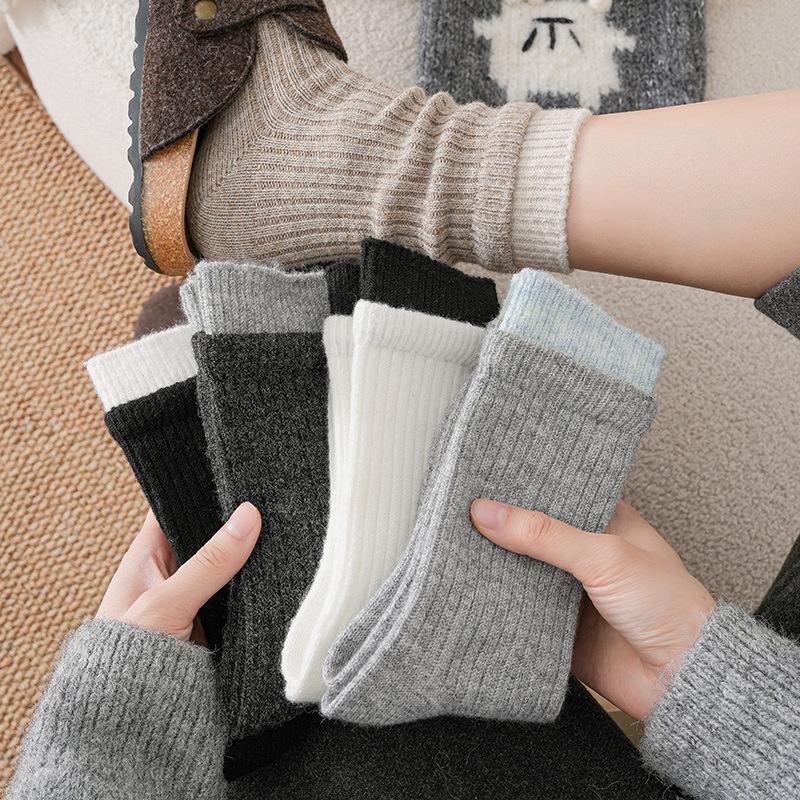 Wool Socks Children'S Stacking Socks Season Warm Color Matching Double-Layer Mouth Piled And Thickened Winter Retro Medium Tube Socks Women