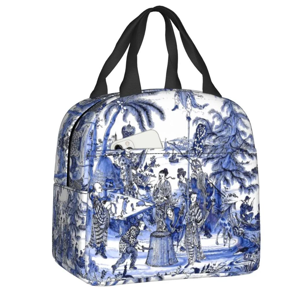 Porcelain Blue Oriental Bird Pattern Insulated Lunch Bag for Camping Travel Chinoiserie Thermal Cooler Lunch Box Women Kids