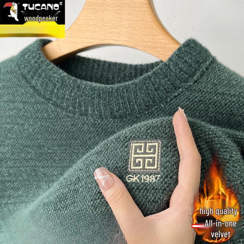 Woodpecker Men s Winter Velvet Sweater 2026 - Thick Knit, Warm, Trendy Round Neck Base Layer 185/XXXL for 175-190 jin