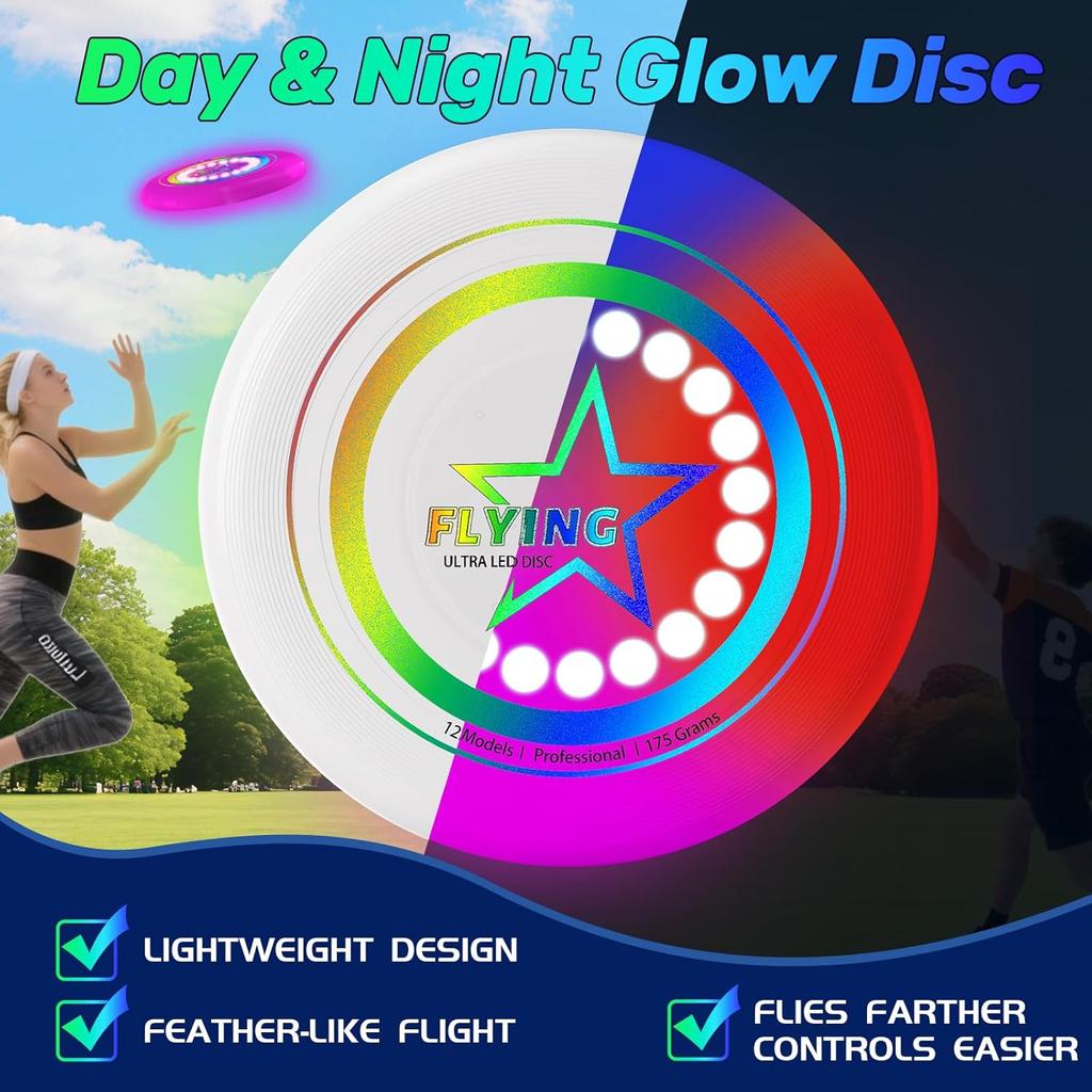 Ultra Bright Flying Disc, Luminous Flying Disc - 12 Intelligent Light Programmes, Rechargeable & Shockproof (Ideal for Night Games, Garden Parties,)