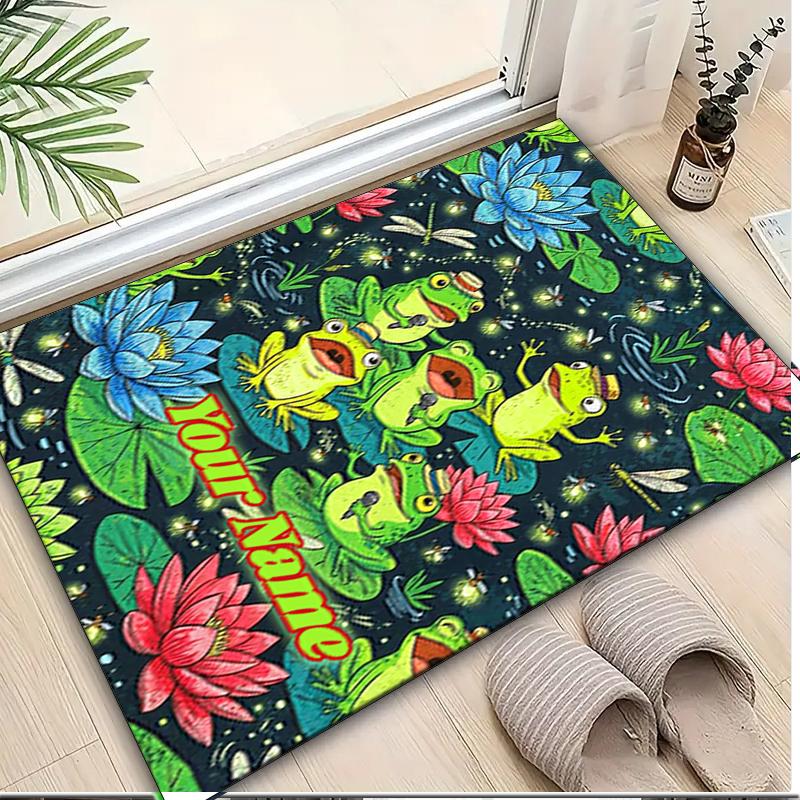 1PC Custom Name Frogs Fireflies Lotus Pond Theme Floor Mat Ideal for Living Room, Game Rooms, Office, Bedroom,Floor Mat Playful Design