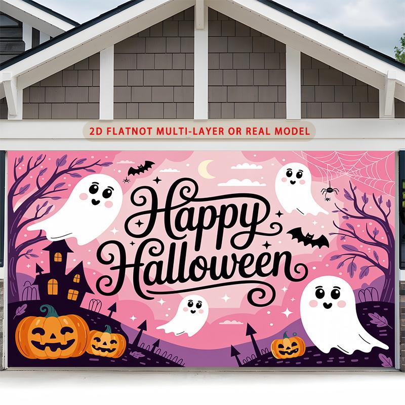 Party Backdrop Halloween Flat Spanish Language Ghosts Pumpkins Spooky Haunted House Photo Booth Background Front Door Decor